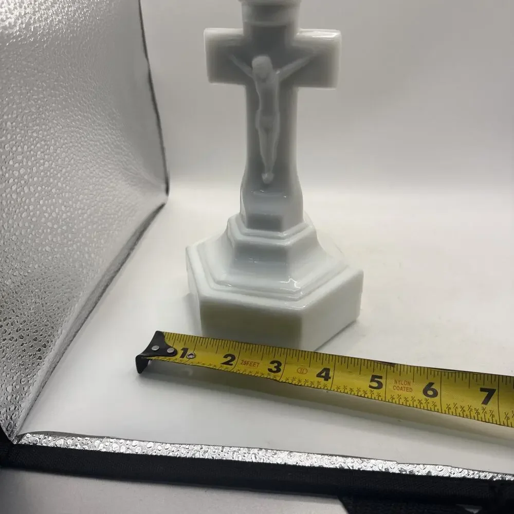 VTG Pressed Milk Glass, Crucifix Candlestick Holder 6 Sided Base *